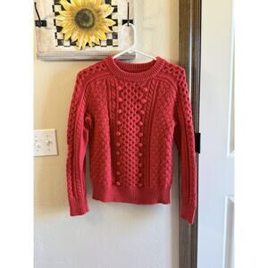 J Crew Sweater XS Lambswool Blend Cable Knit W/ Pom Pom Bright Red Twee Holiday
